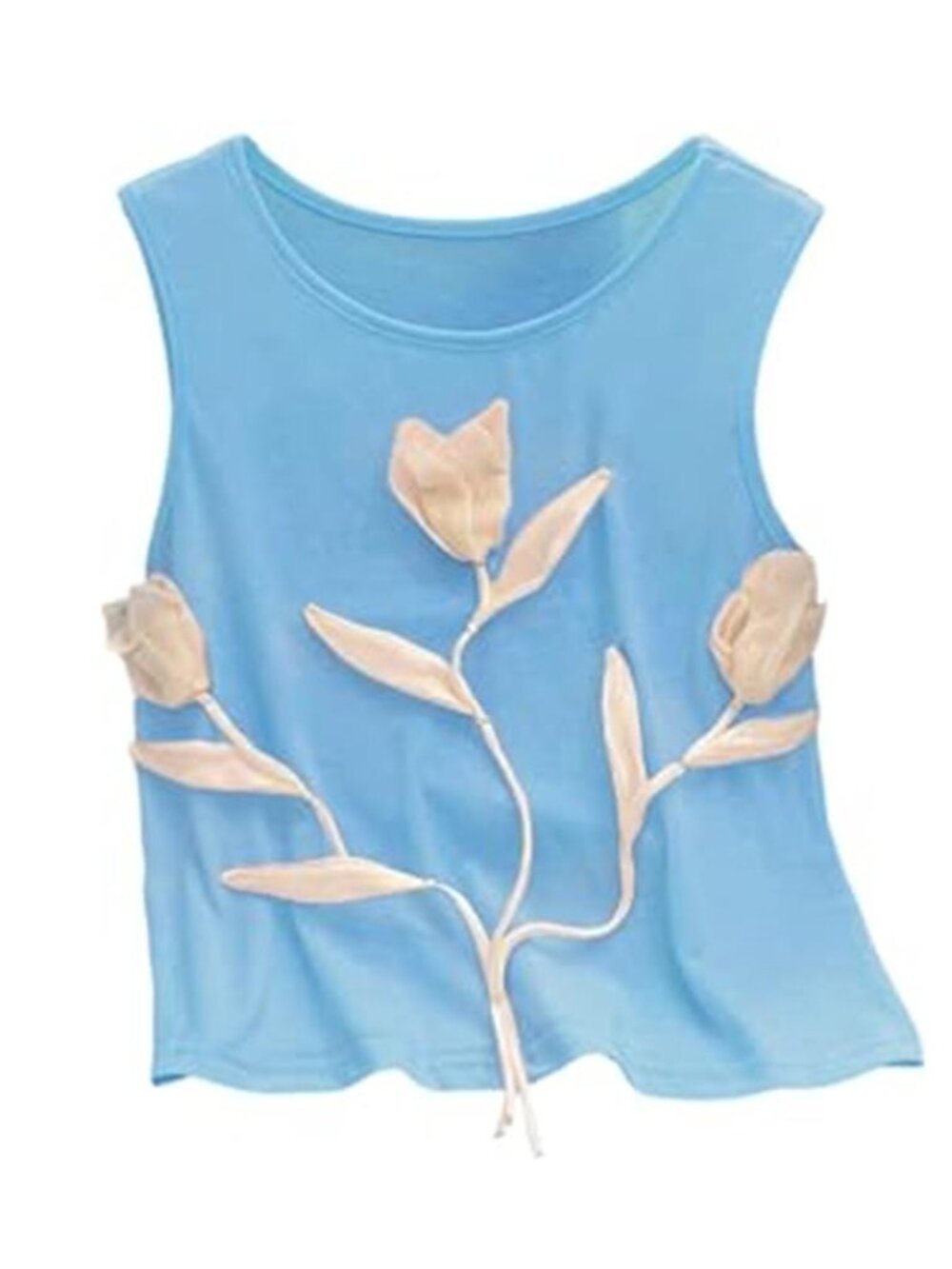 Women's 3D Light Blue Floral Tank Top Crew Neck Tulip Applique Summer Casual